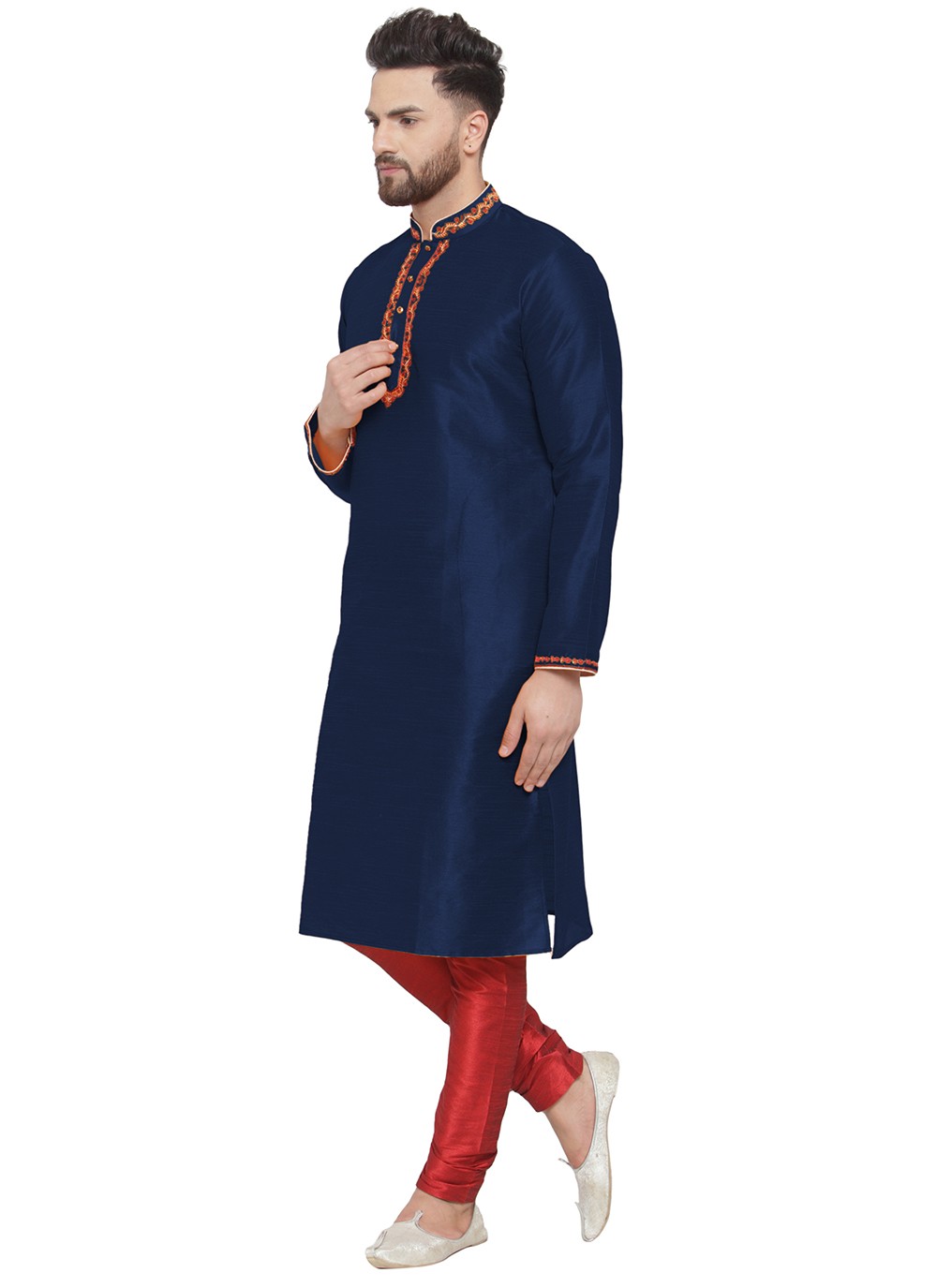 Embroidered Dupion Silk Navy Blue Kurta Pyjama - M7307