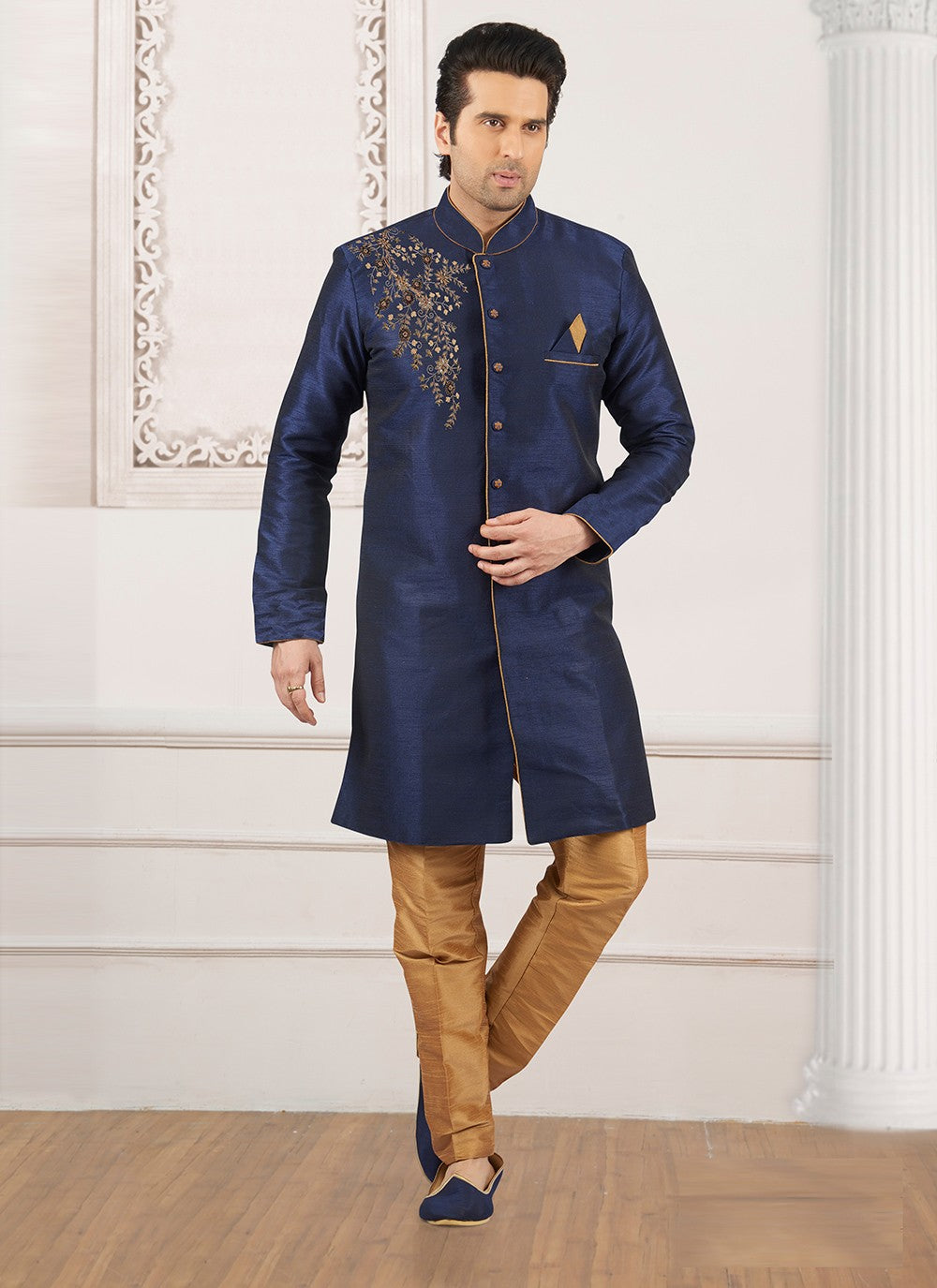 Embroidered Dupion Silk Navy Blue Indo Western - M6385
