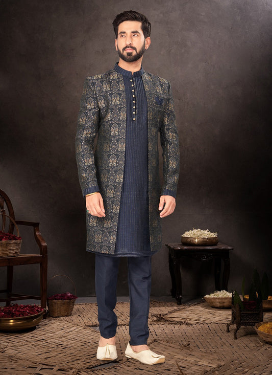 Jacquard Work Jacquard Navy Blue Indo Western - M7230
