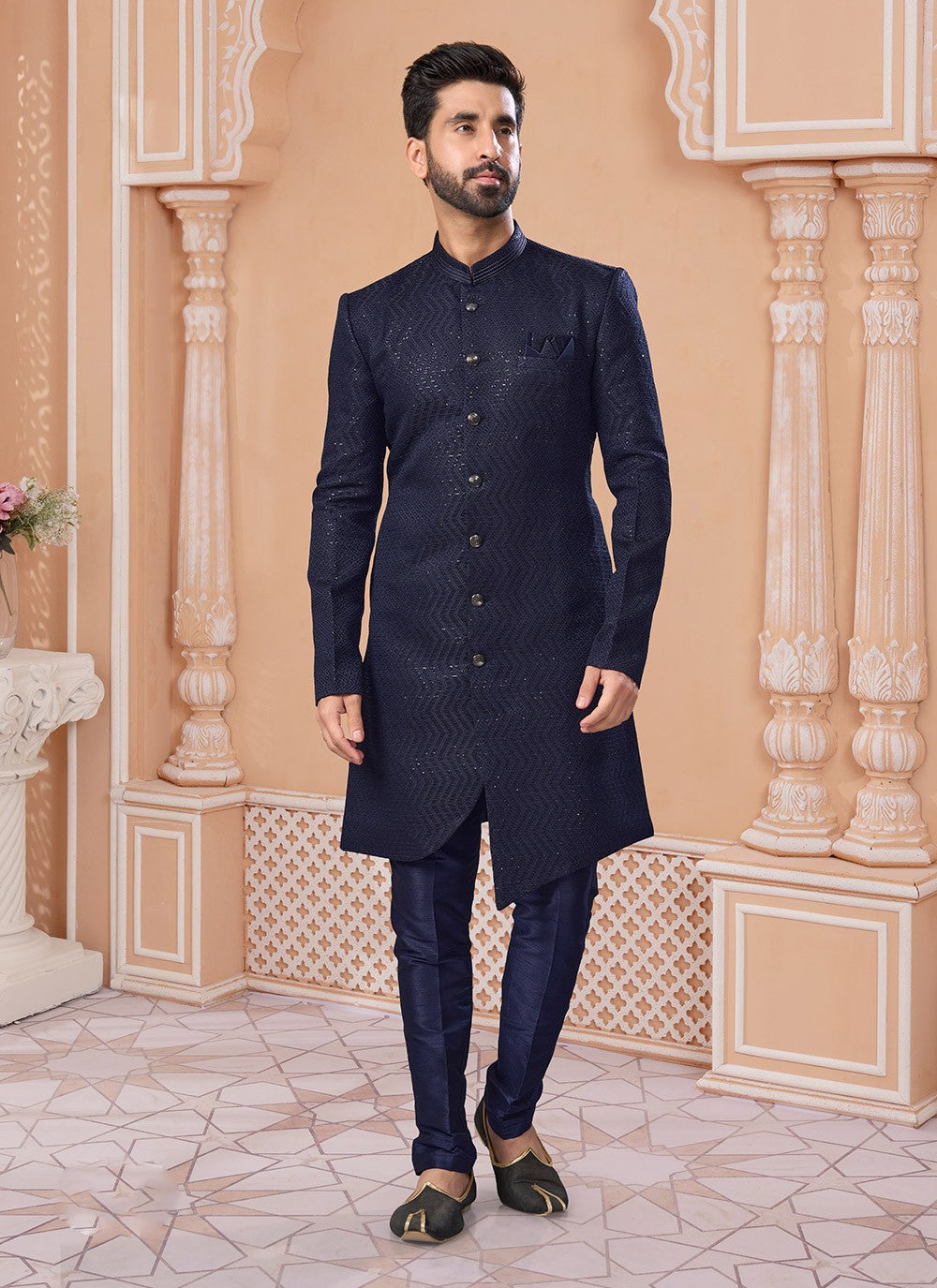 Embroidered Jacquard Navy Blue Indo Western Sherwani - M7159