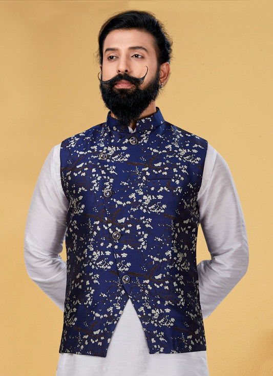 Jacquard Work Jacquard Navy Blue Nehru Jackets - M7366