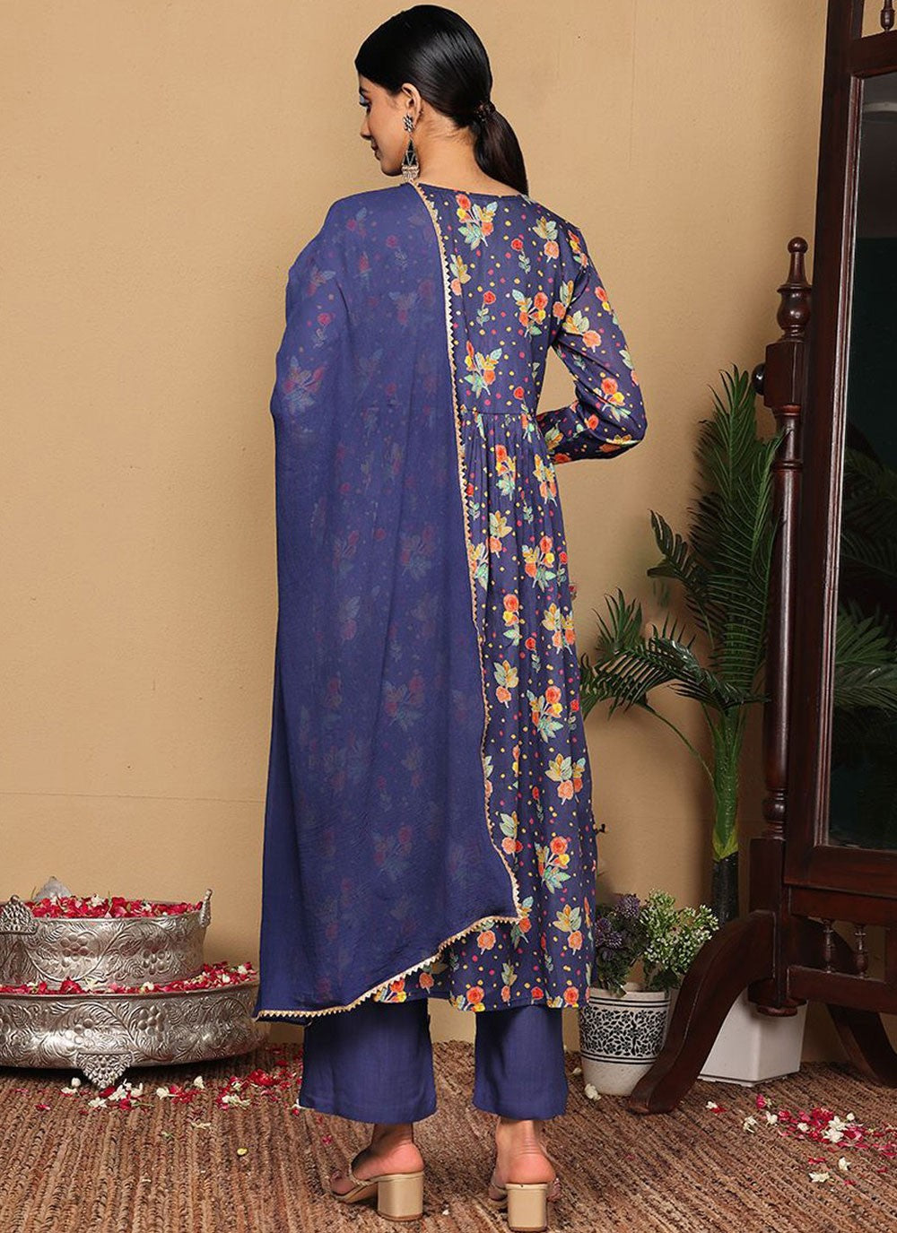 Pant Style Suit Printed Navy Blue Cotton T5652
