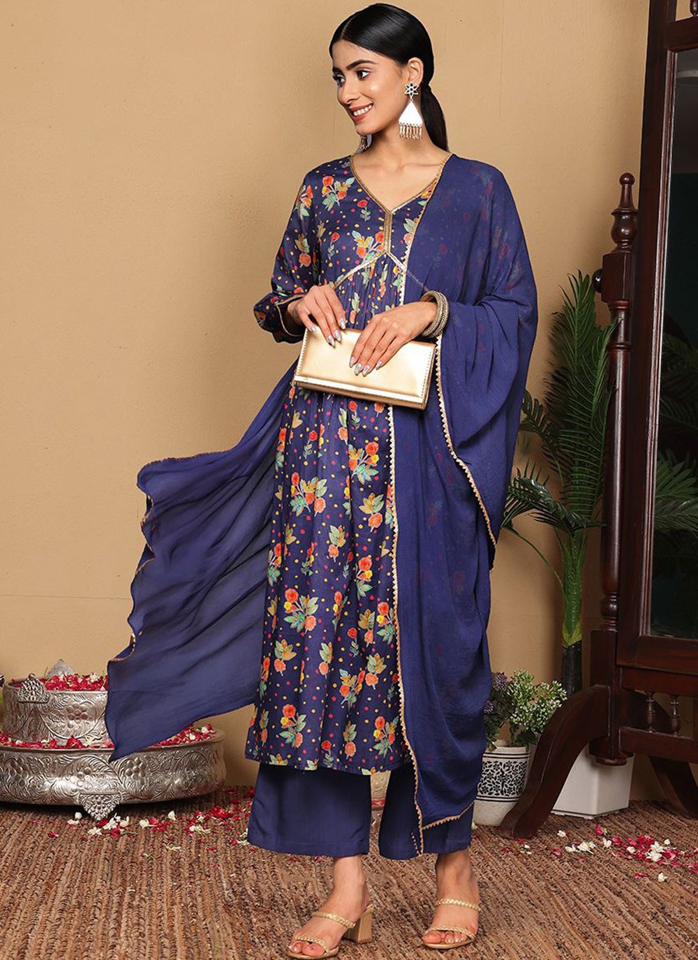 Pant Style Suit Printed Navy Blue Cotton T5652