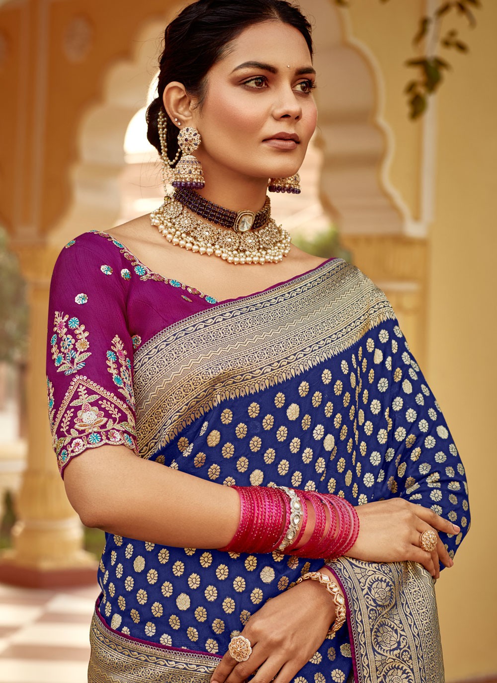 Weaving Zari Pure Dola Navy Blue Saree S14221