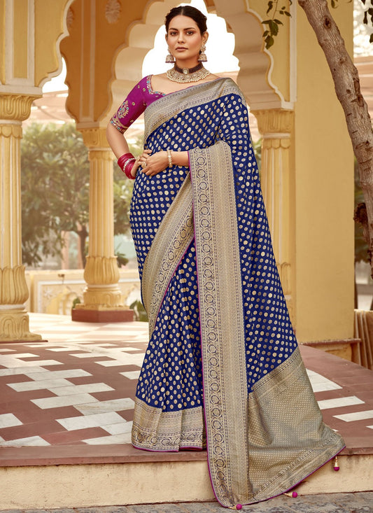 Weaving Zari Pure Dola Navy Blue Saree S14221