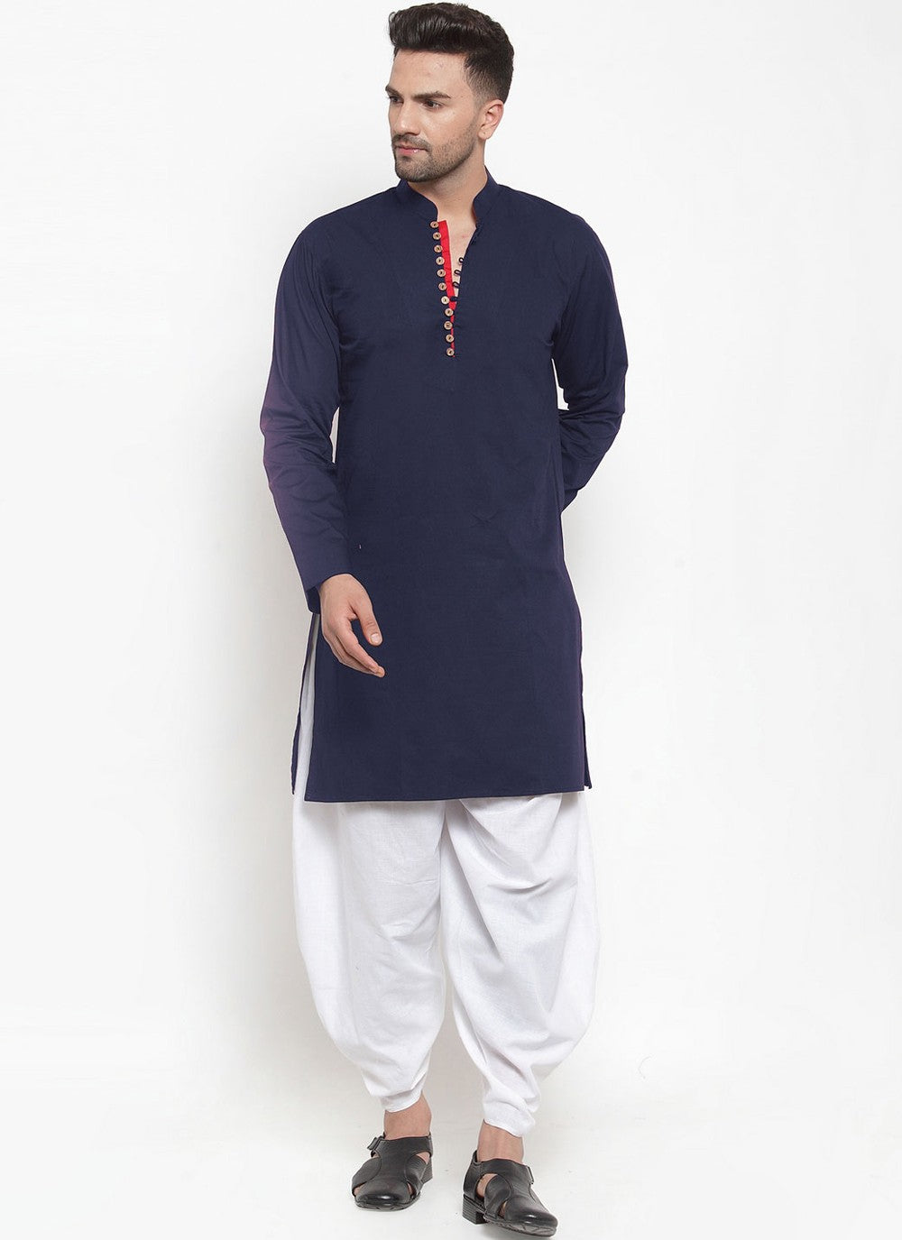 Plain Blended Cotton Navy Blue Dhoti Kurta - M4465