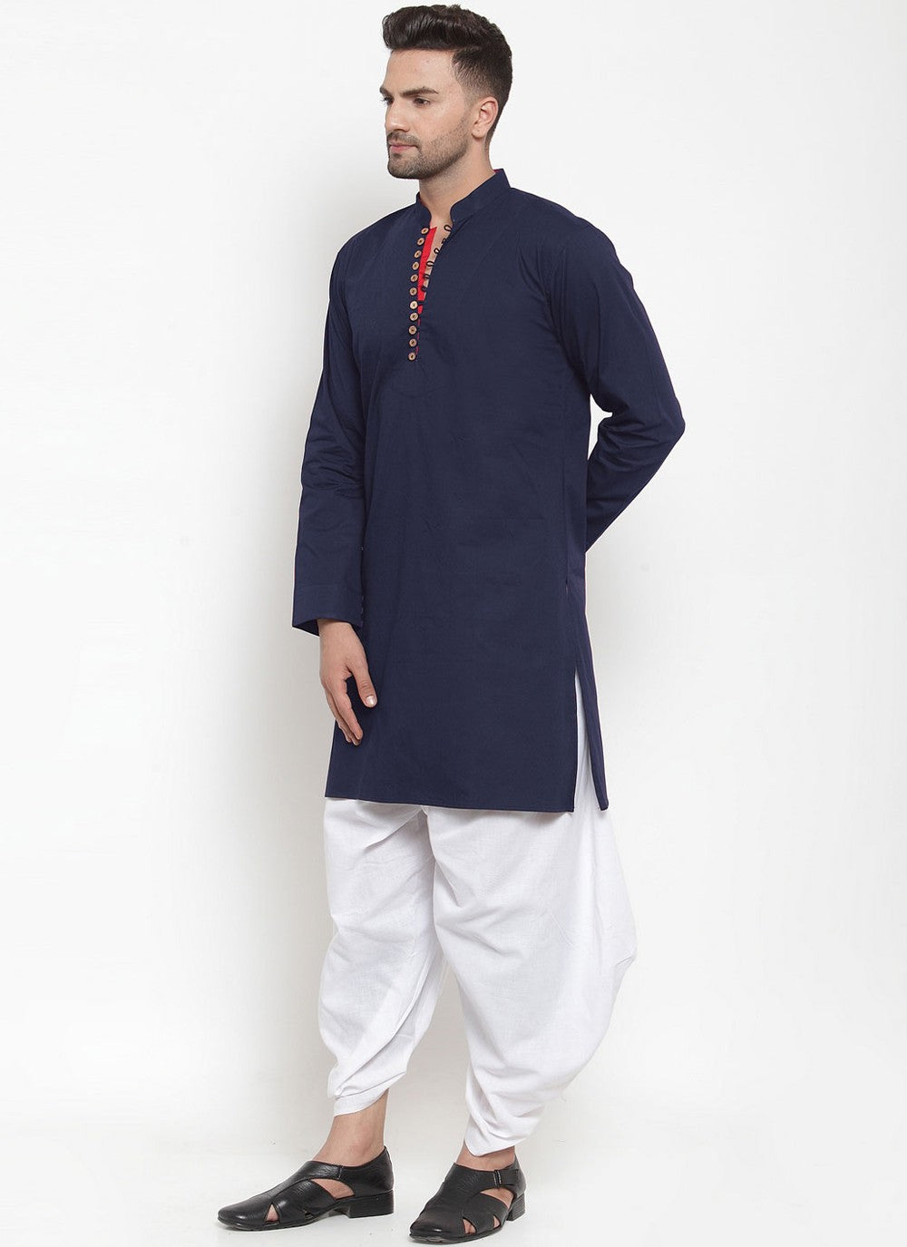 Plain Blended Cotton Navy Blue Dhoti Kurta - M4465
