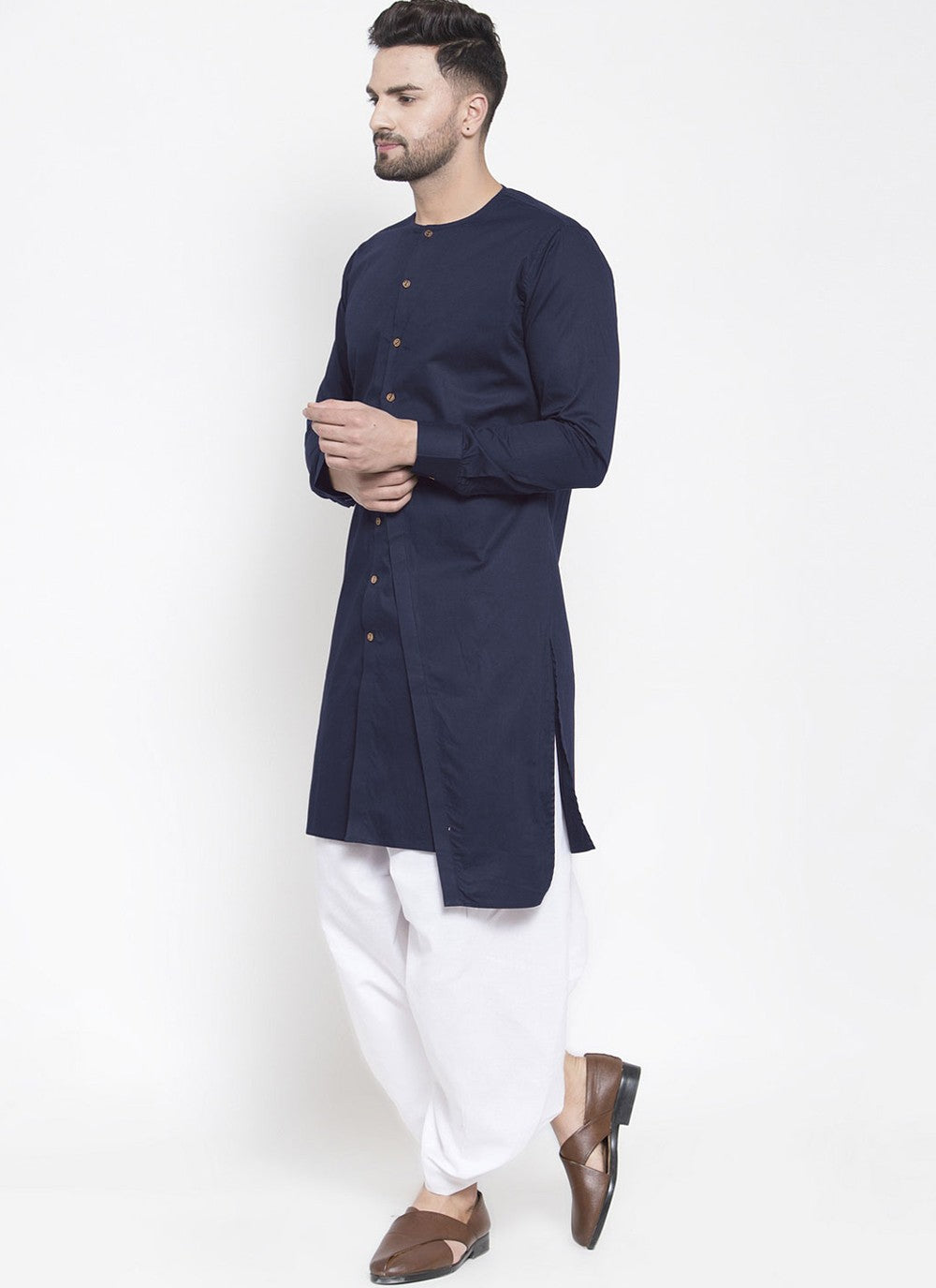 Plain Blended Cotton Navy Blue Dhoti Kurta - M4474
