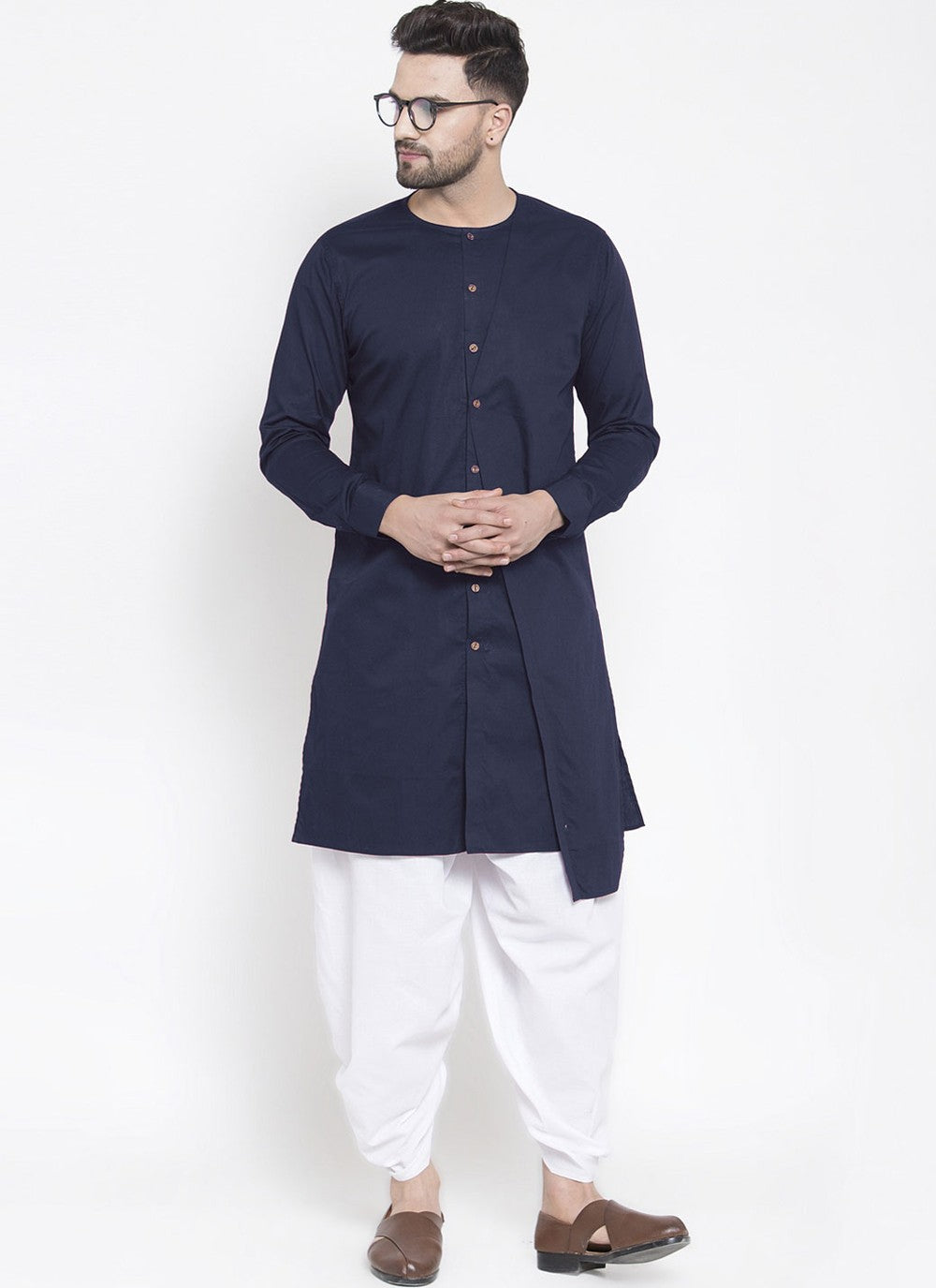 Plain Blended Cotton Navy Blue Dhoti Kurta - M4474