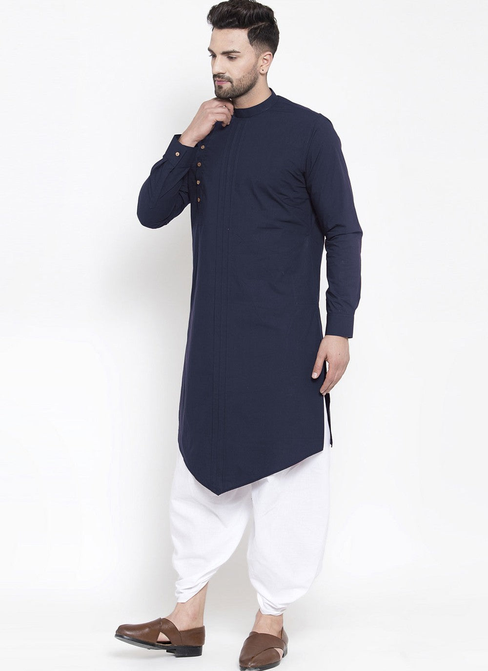 Plain Blended Cotton Navy Blue Dhoti Kurta - M4486