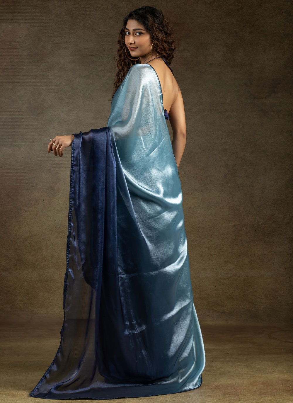 Plain Satin Silk Navy Blue Shaded Saree S15440