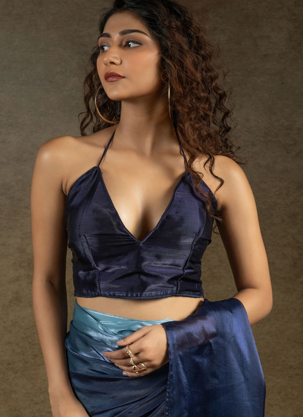 Plain Satin Silk Navy Blue Shaded Saree S15440