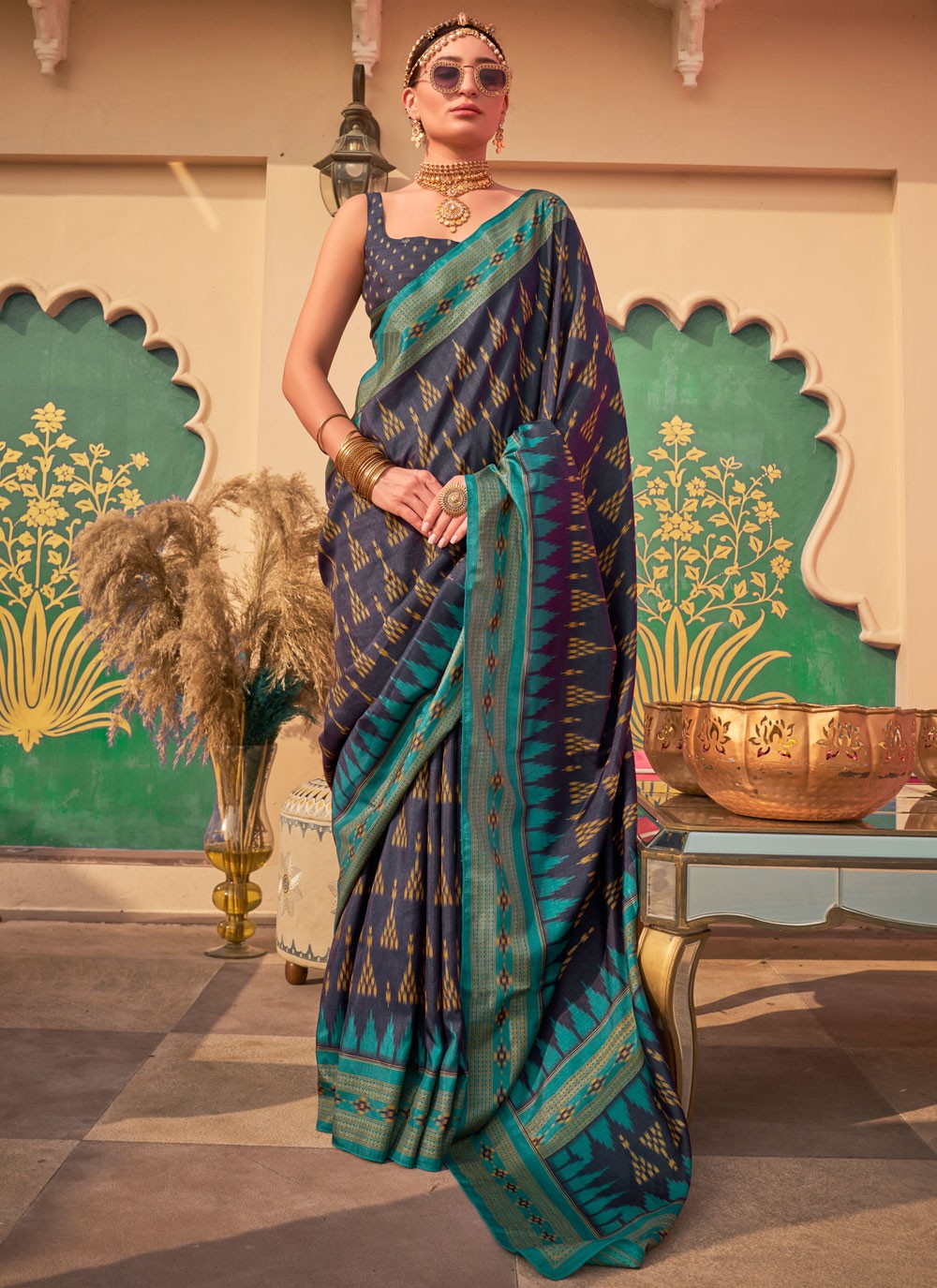 Classic Saree Printed Navy Blue Silk Saree S12422