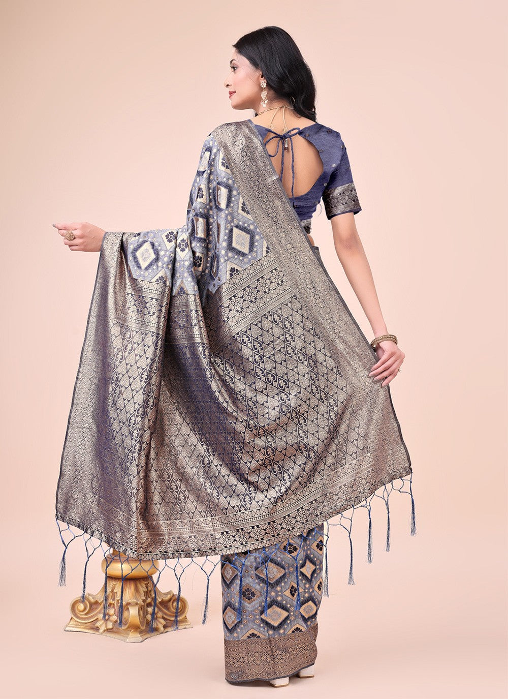 Printed Cotton Navy Blue Classic Saree S15175