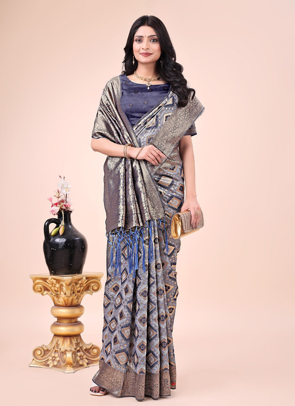 Printed Cotton Navy Blue Classic Saree S15175