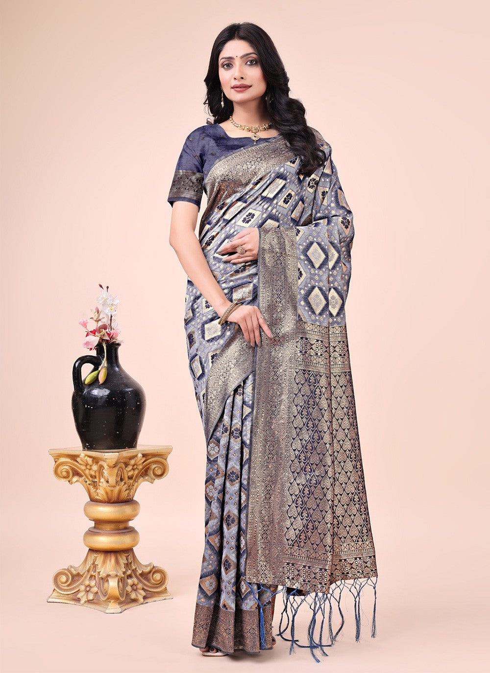 Printed Cotton Navy Blue Classic Saree S15175