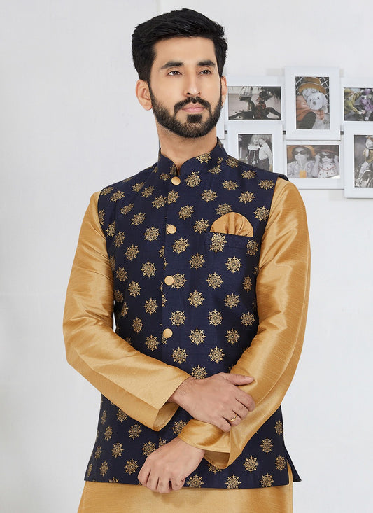 Printed Banarasi Silk Navy Blue Nehru Jackets - M7483