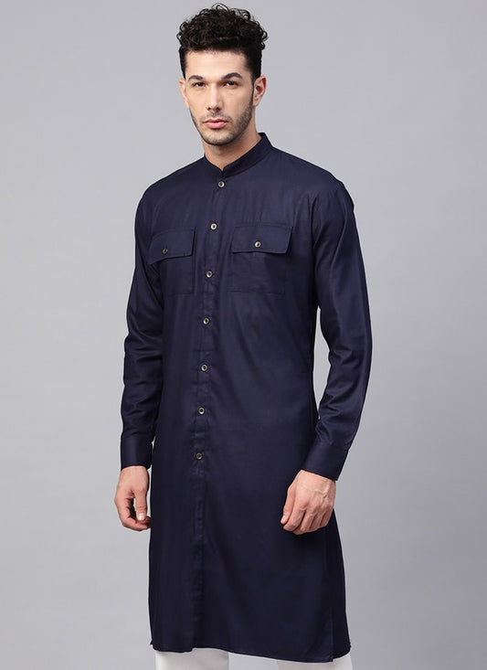 Plain Blended Cotton Navy Blue Kurta - M1957