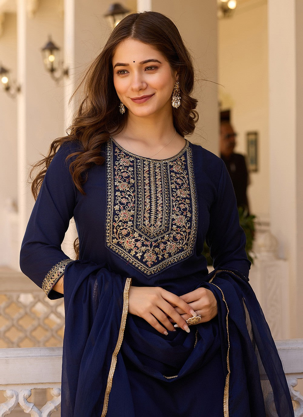 Pant Style Suit Embroidered Navy Blue T6993