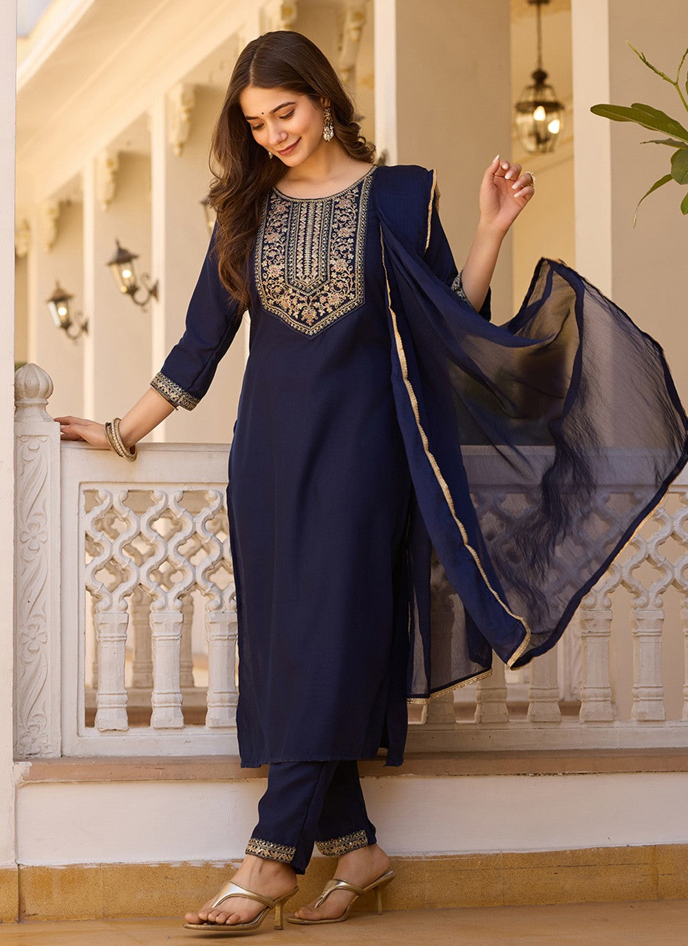 Pant Style Suit Embroidered Navy Blue T6993