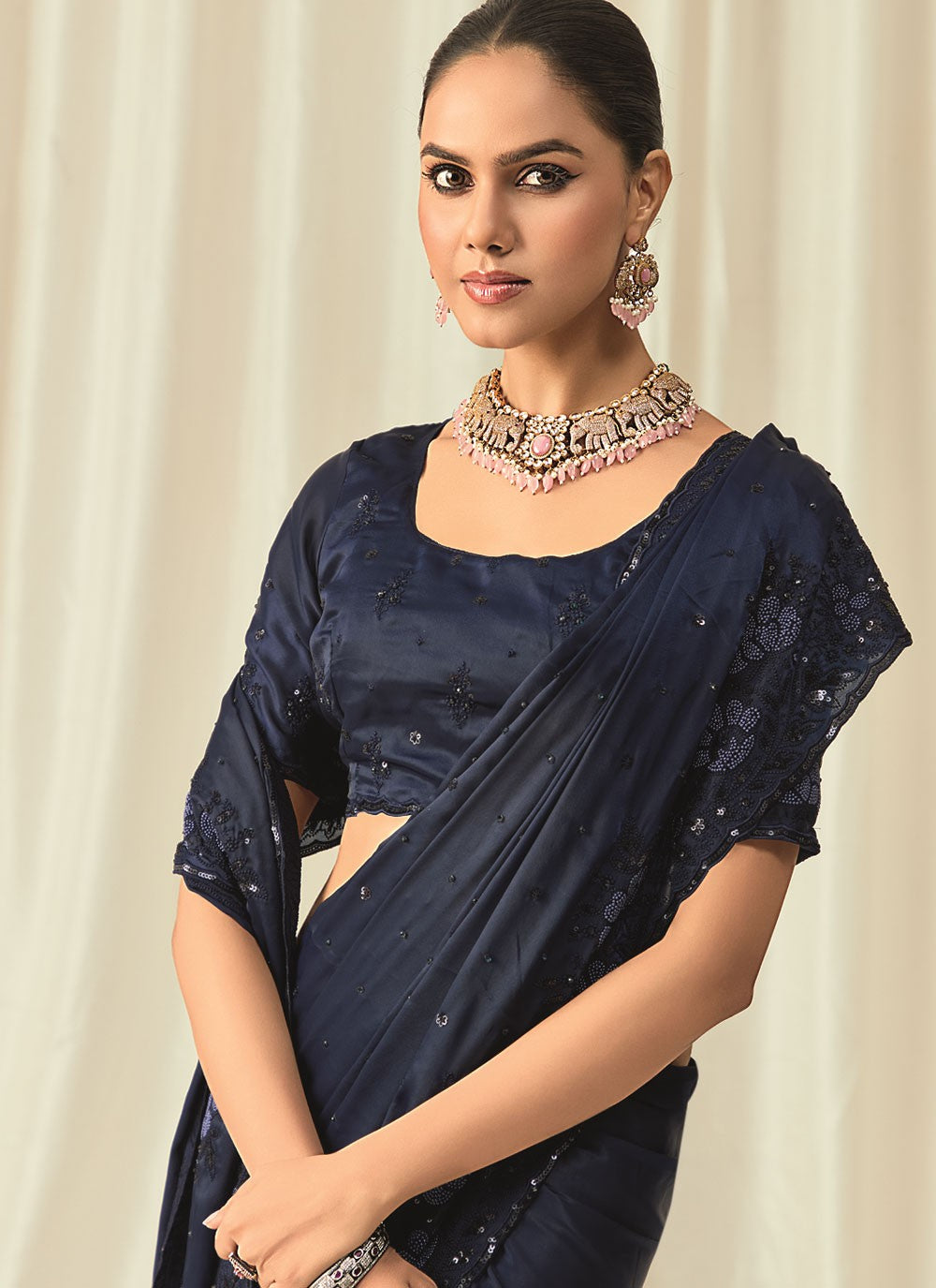 Navy Blue Satin Classic Saree Beads, Embroidered, Floral Printed, Sequins, Thread S18816