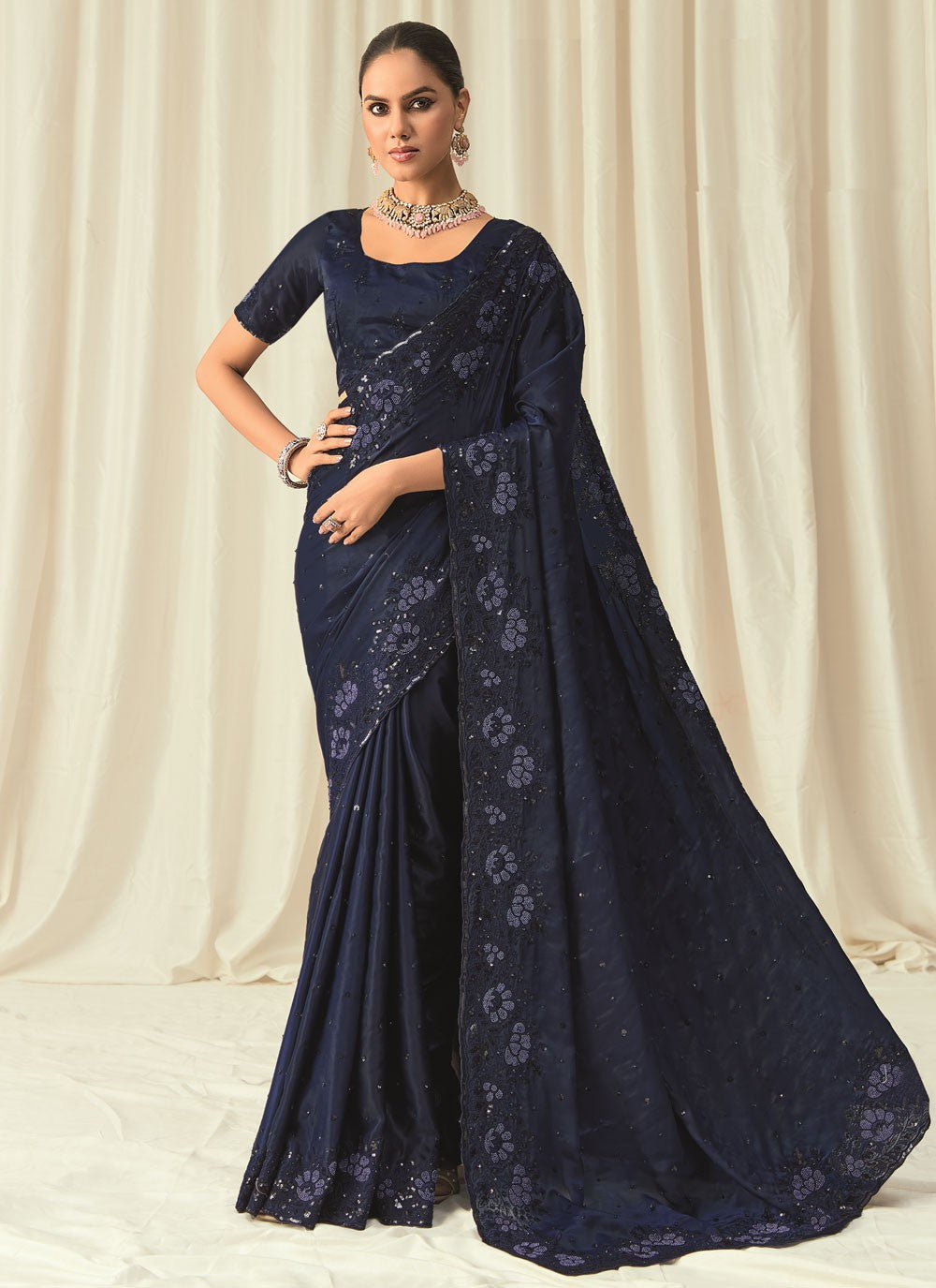 Navy Blue Satin Classic Saree Beads, Embroidered, Floral Printed, Sequins, Thread S18816