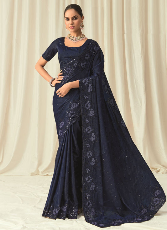 Navy Blue Satin Classic Saree Beads, Embroidered, Floral Printed, Sequins, Thread S18816