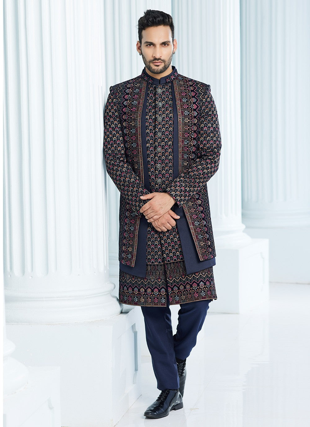 Machine Embroidery Velvet Navy Blue Indo Western Sherwani - M6109
