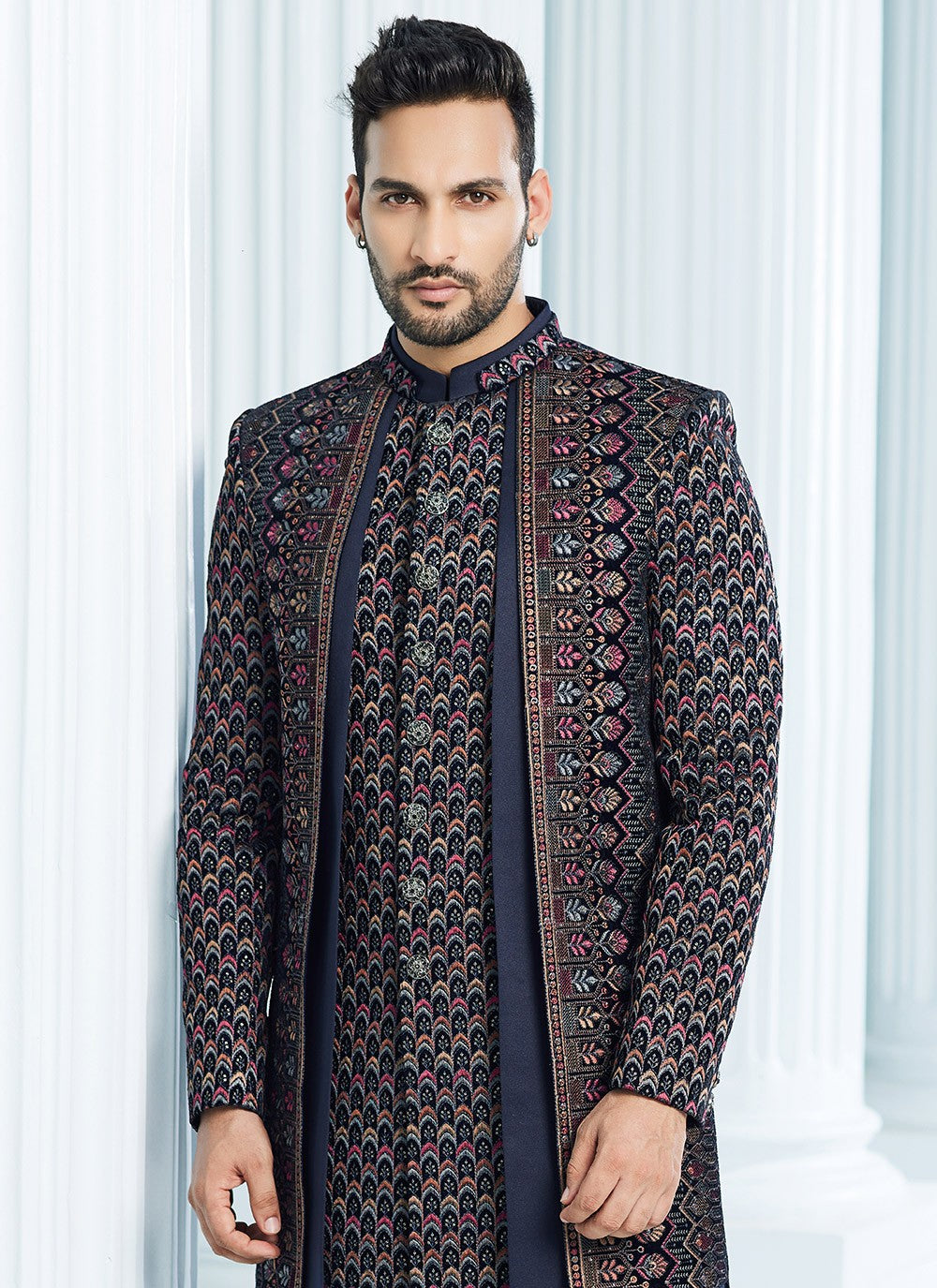 Machine Embroidery Velvet Navy Blue Indo Western Sherwani - M6109