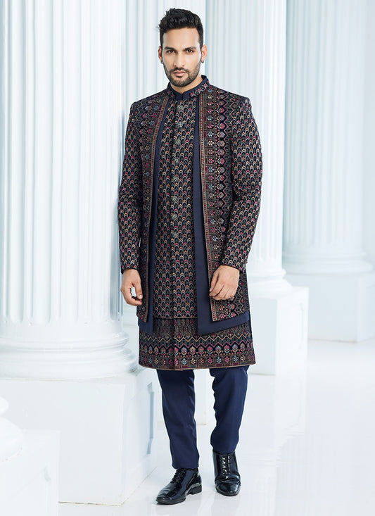 Machine Embroidery Velvet Navy Blue Indo Western Sherwani - M6109