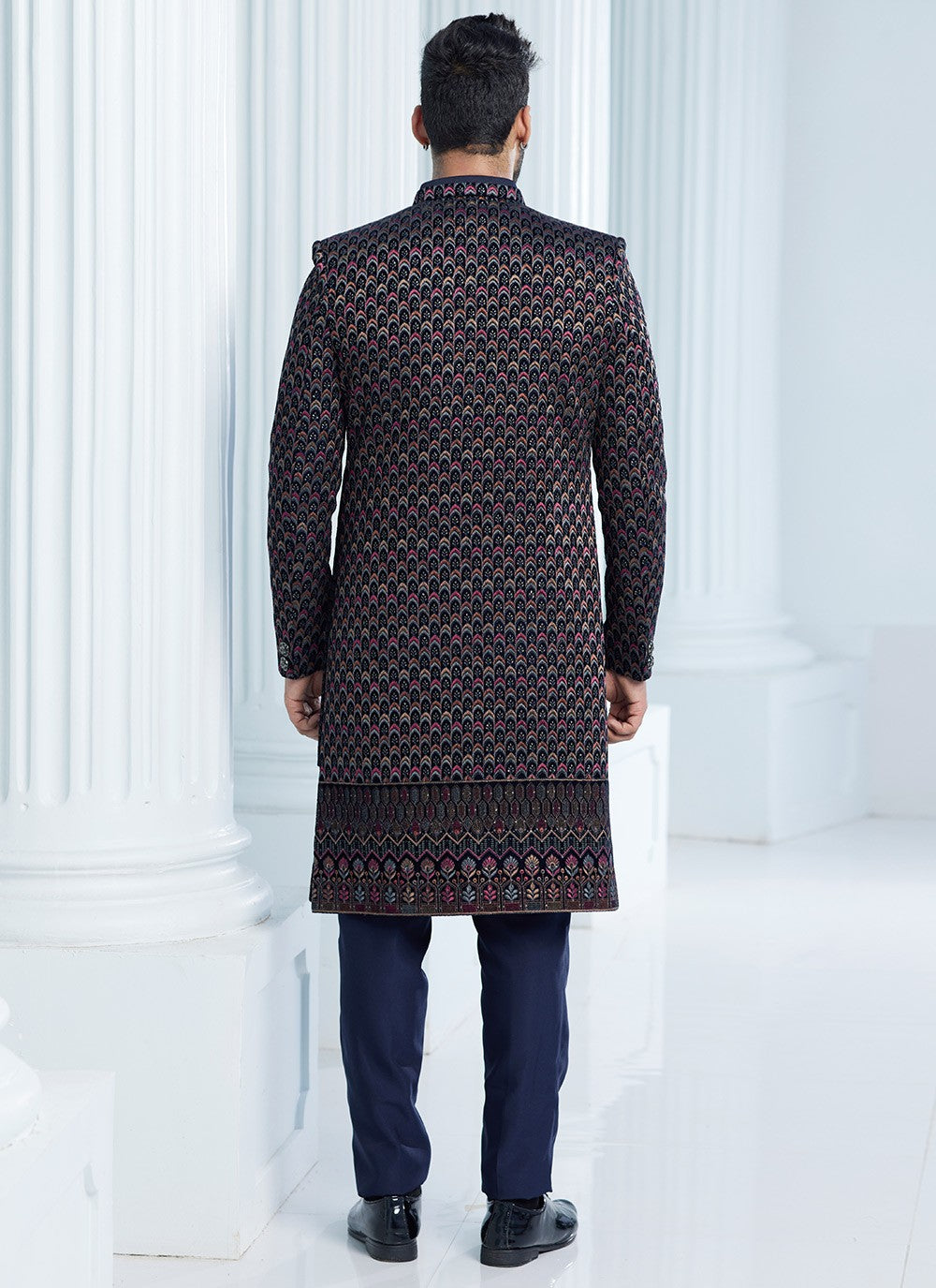 Machine Embroidery Velvet Navy Blue Indo Western Sherwani - M6109
