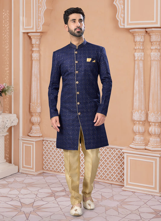 Embroidered Banglori Silk Navy Blue Indo Western Sherwani - M6901