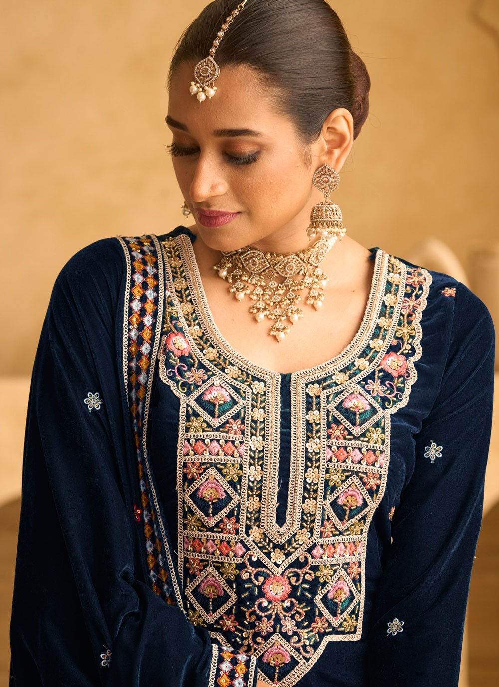 Palazzo Suit Beads, Embroidered, Sequins, Zari Navy Blue T7027