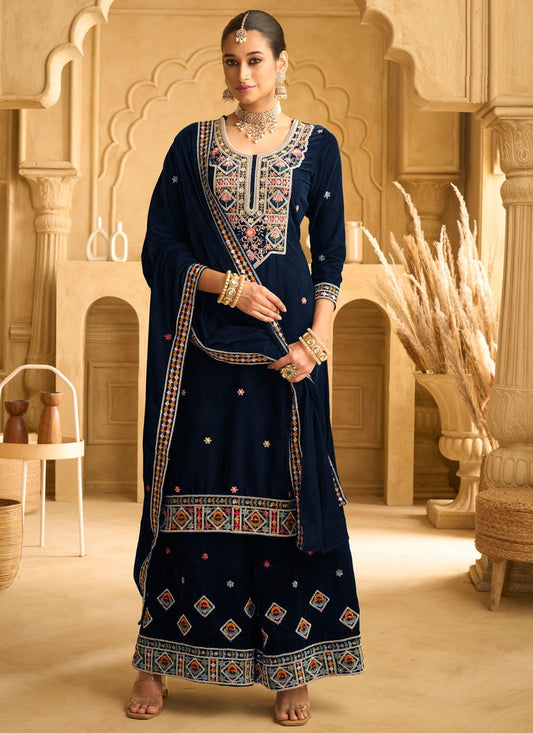 Palazzo Suit Beads, Embroidered, Sequins, Zari Navy Blue T7027
