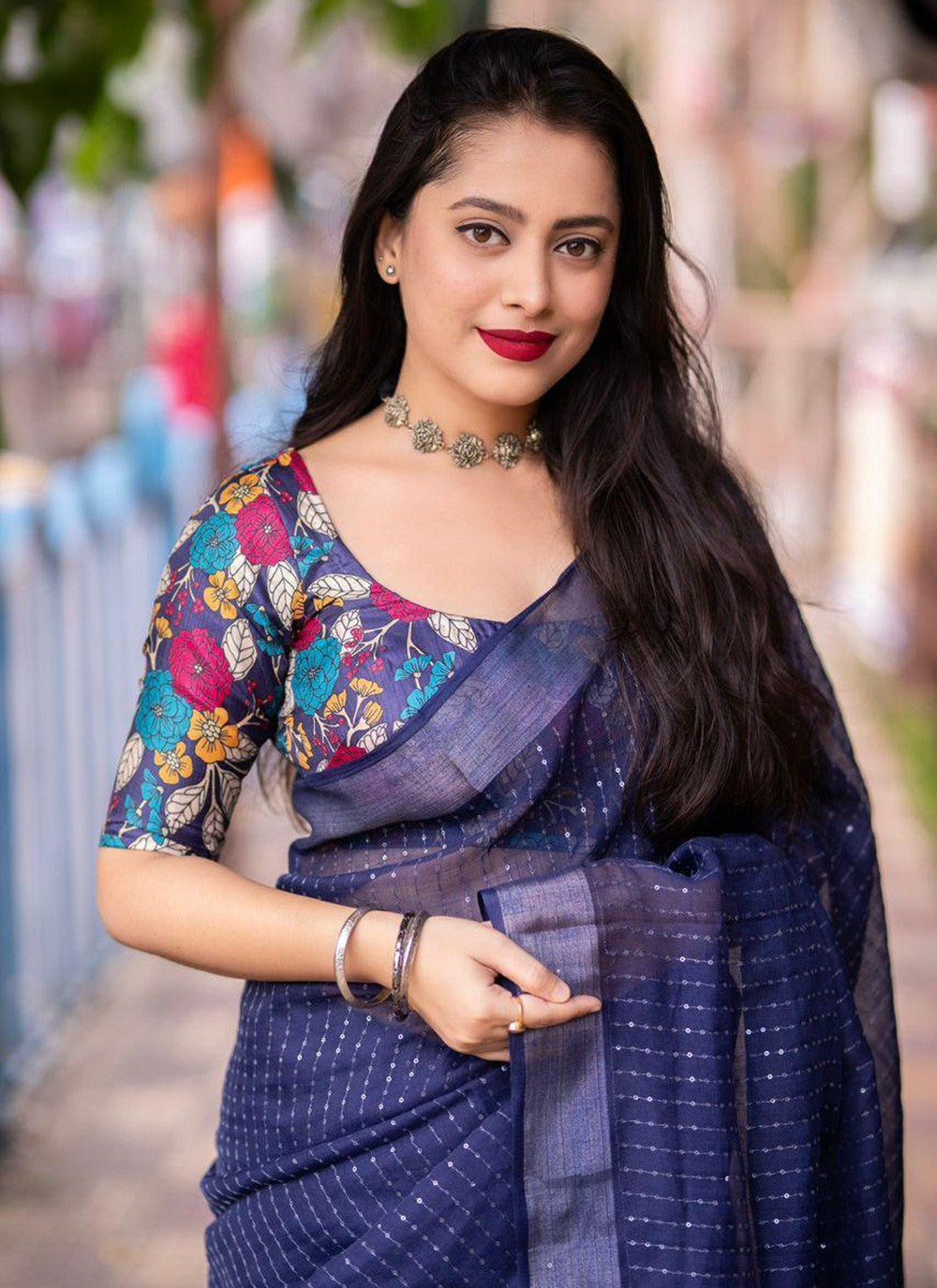 Contemporary Printed Linen Saree - S5771