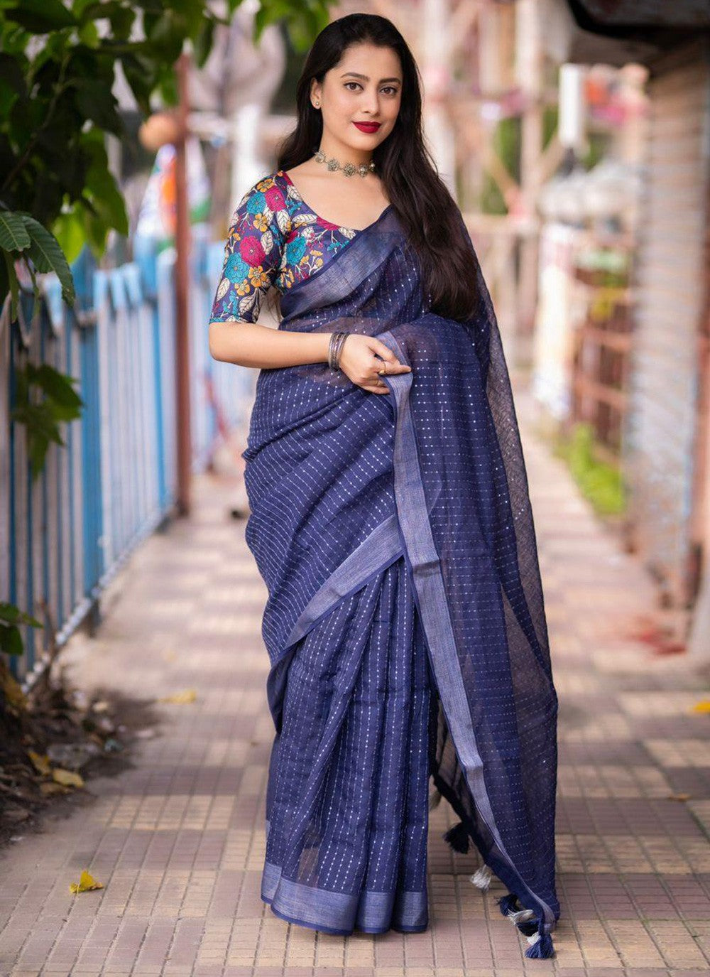 Contemporary Printed Linen Saree - S5771