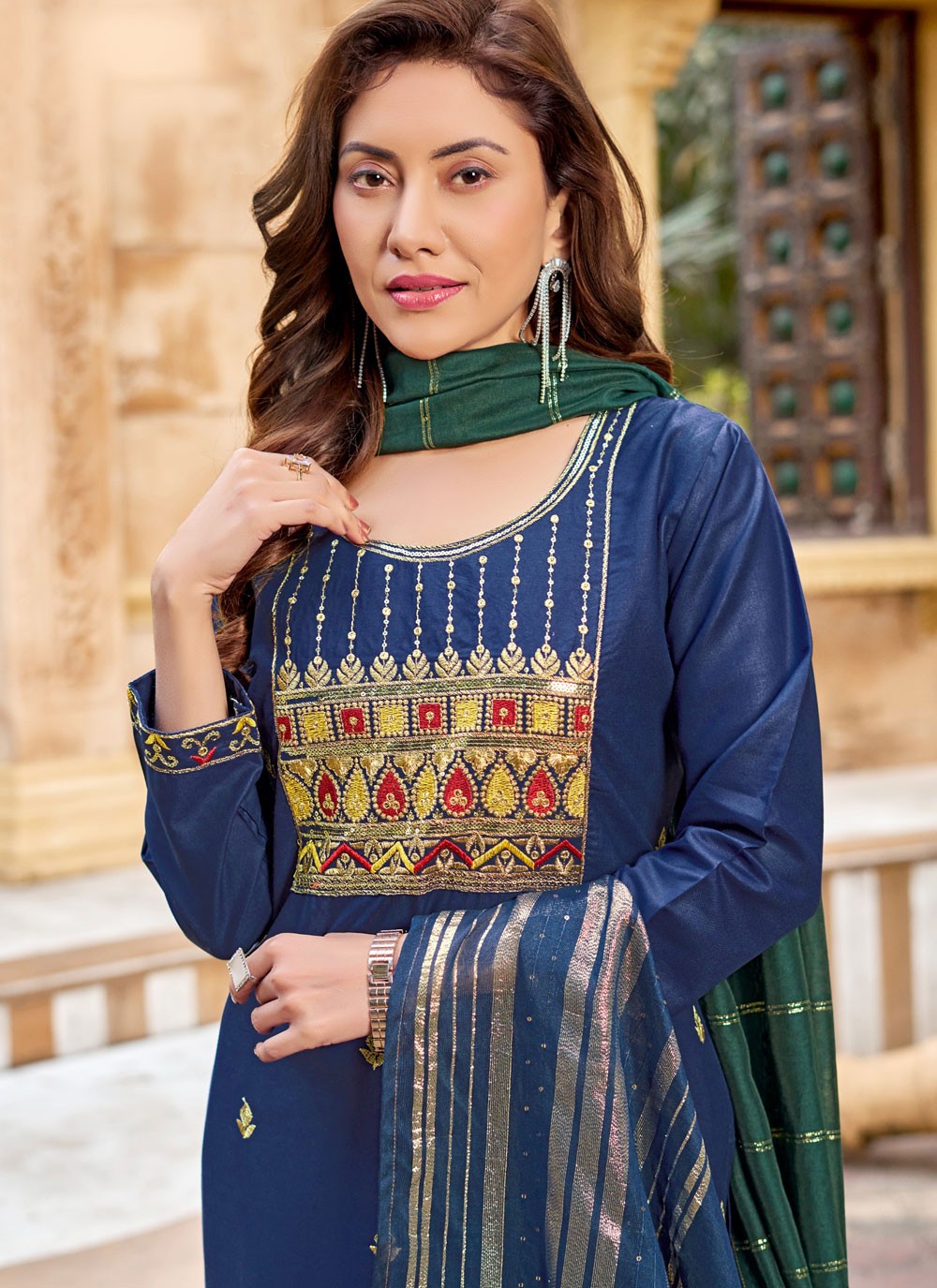 Pant Style Suit Embroidered Navy Blue Rayon T5038