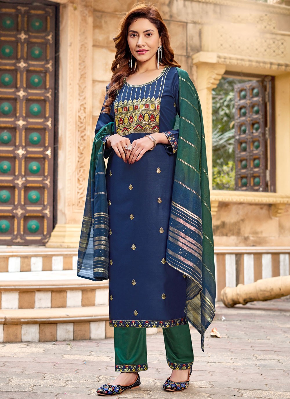 Pant Style Suit Embroidered Navy Blue Rayon T5038
