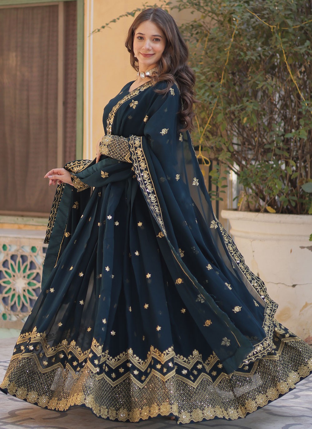 Embroidered Faux Georgette Gown - G1817