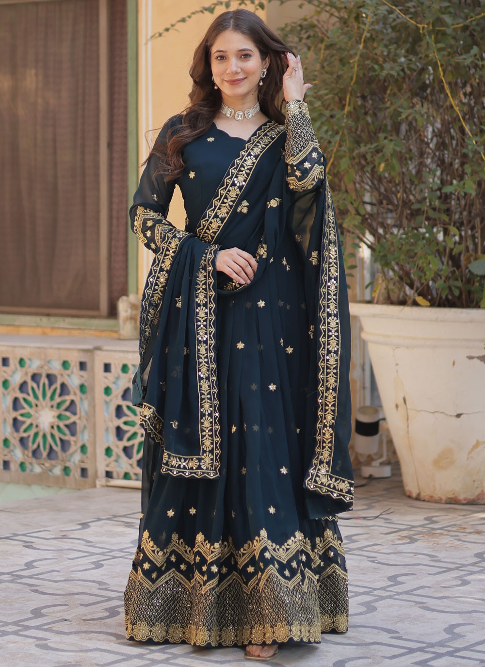 Embroidered Faux Georgette Gown - G1817