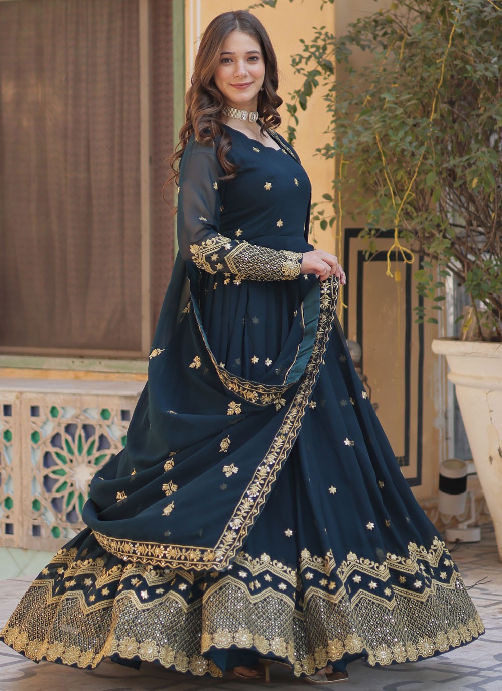 Embroidered Faux Georgette Gown - G1817