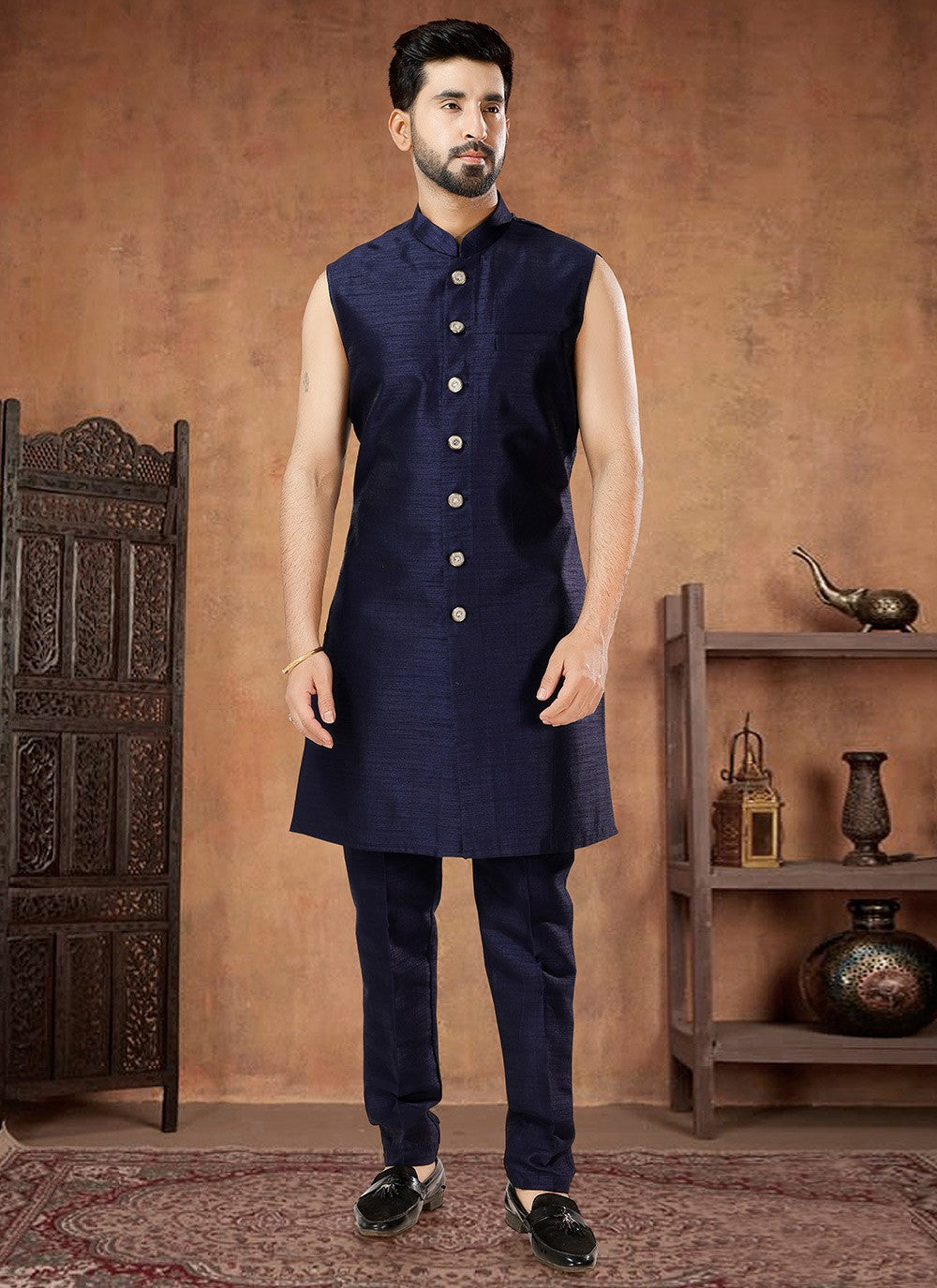 Embroidered Silk, Velvet Navy Blue Indo Western - M7018