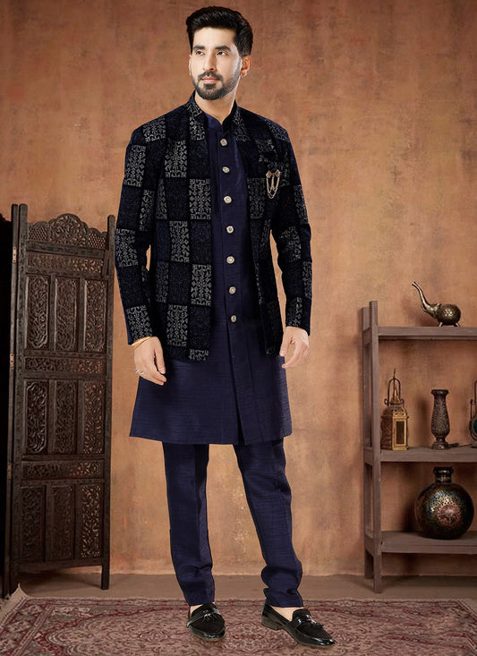 Embroidered Silk, Velvet Navy Blue Indo Western - M7018