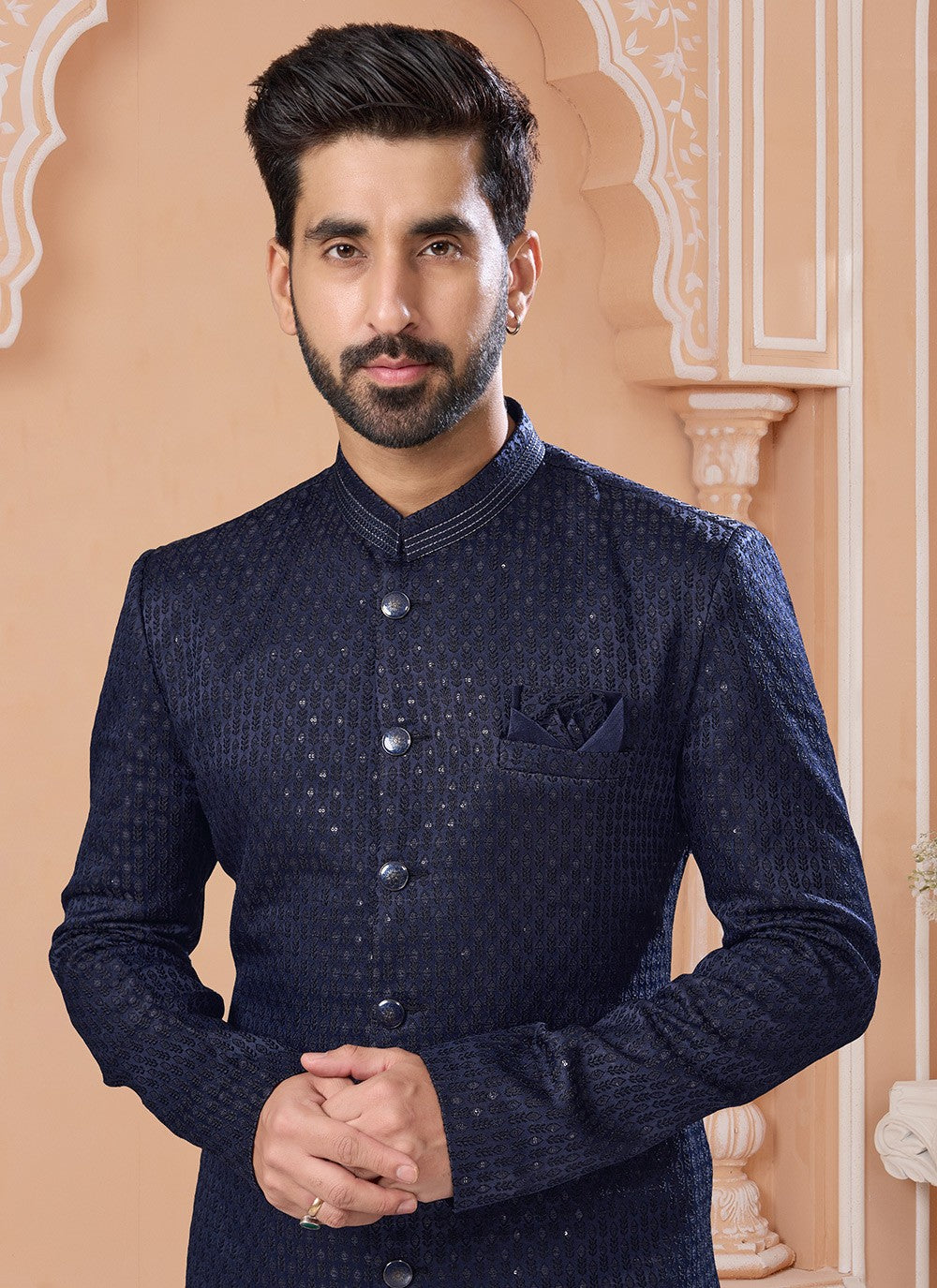 Embroidered Jacquard Navy Blue Indo Western Sherwani - M6892
