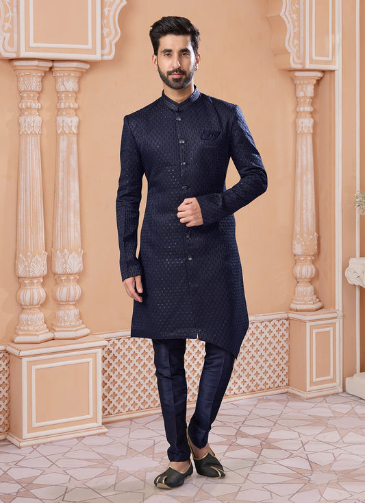 Embroidered Jacquard Navy Blue Indo Western Sherwani - M6892