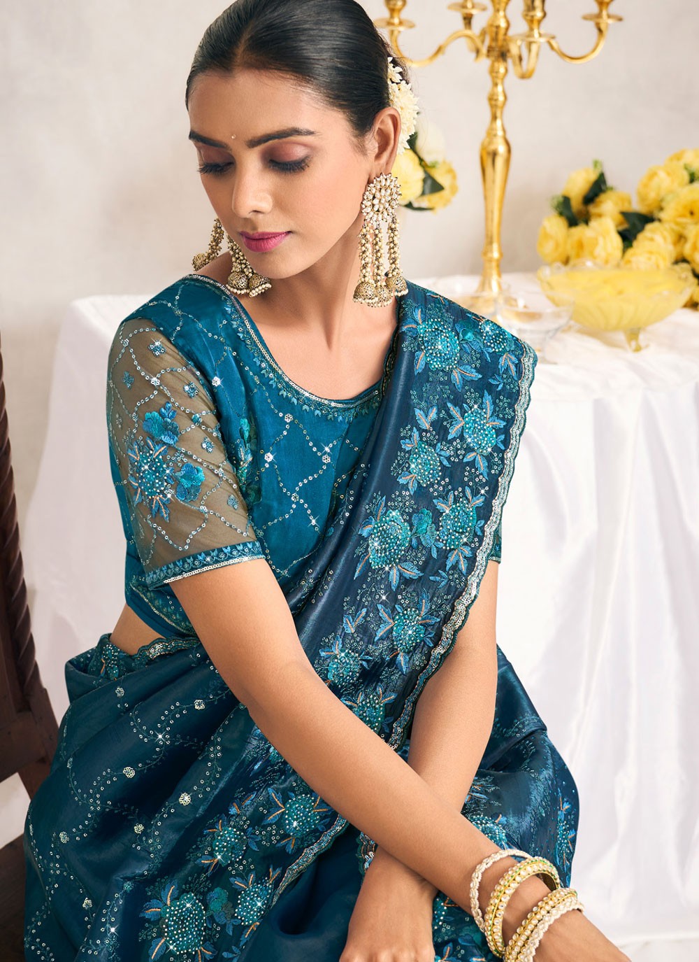 Classic Saree Cut Work Navy Blue Silk S12745