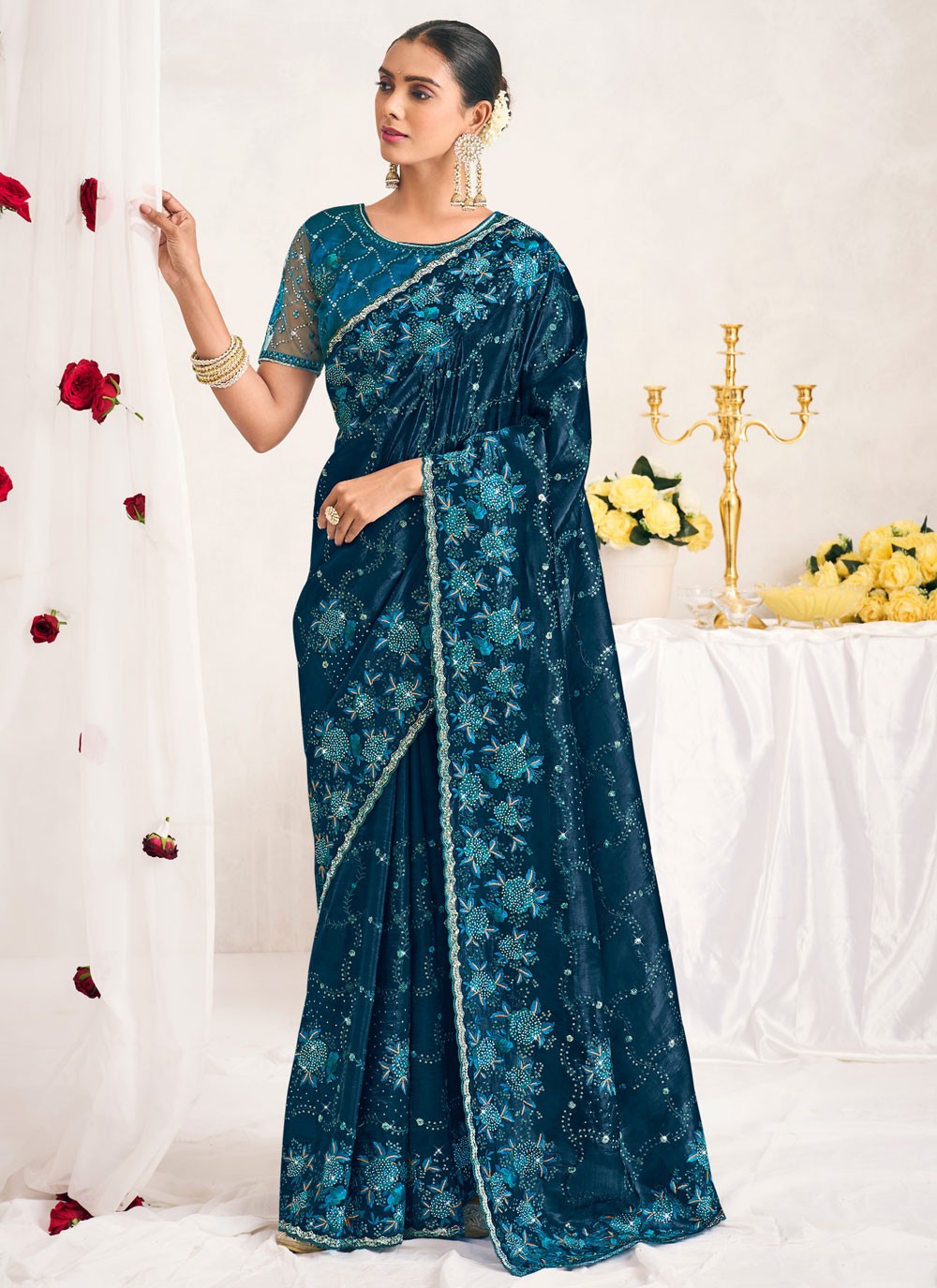 Classic Saree Cut Work Navy Blue Silk S12745