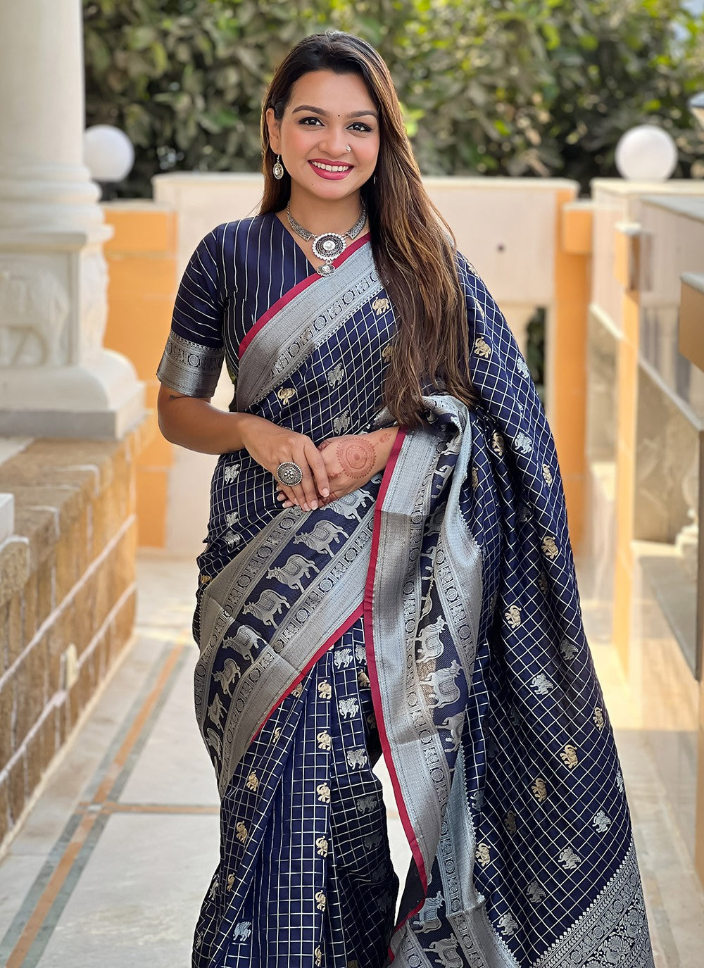 Weaving Zari Silk Navy Blue Saree S14347