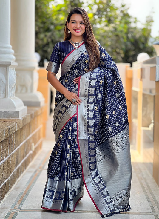 Weaving Zari Silk Navy Blue Saree S14347