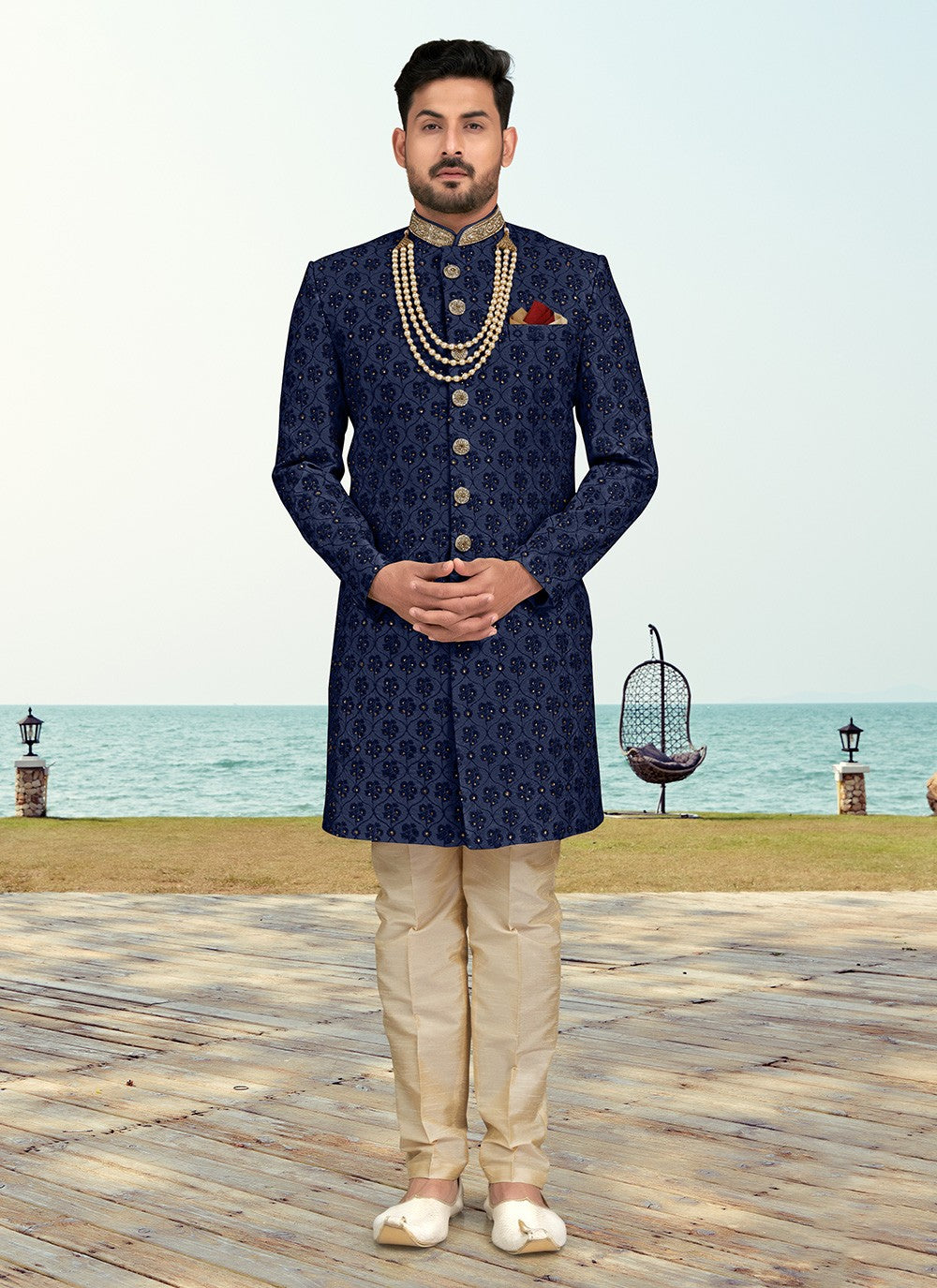 Hand Embroidery Silk Navy Blue Sherwani - M6798
